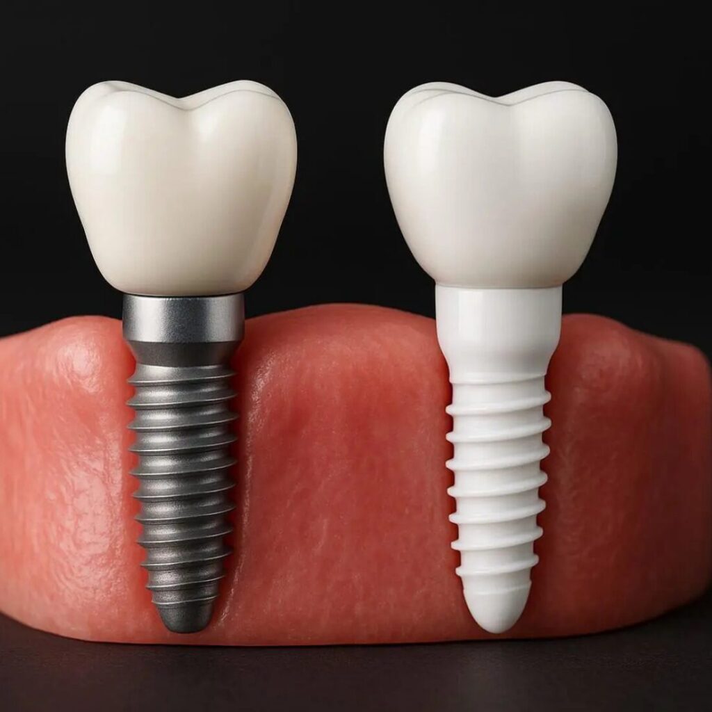 Porównanie implantu tytanowego i implantu cyrkonowego osadzonych w dziąśle. Unident Union